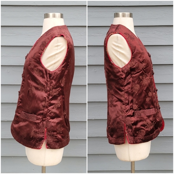 100% Silk Cheongsam Qipao Reversible Red Burgundy Floral Oriental Padded Vest Md - Picture 4 of 9